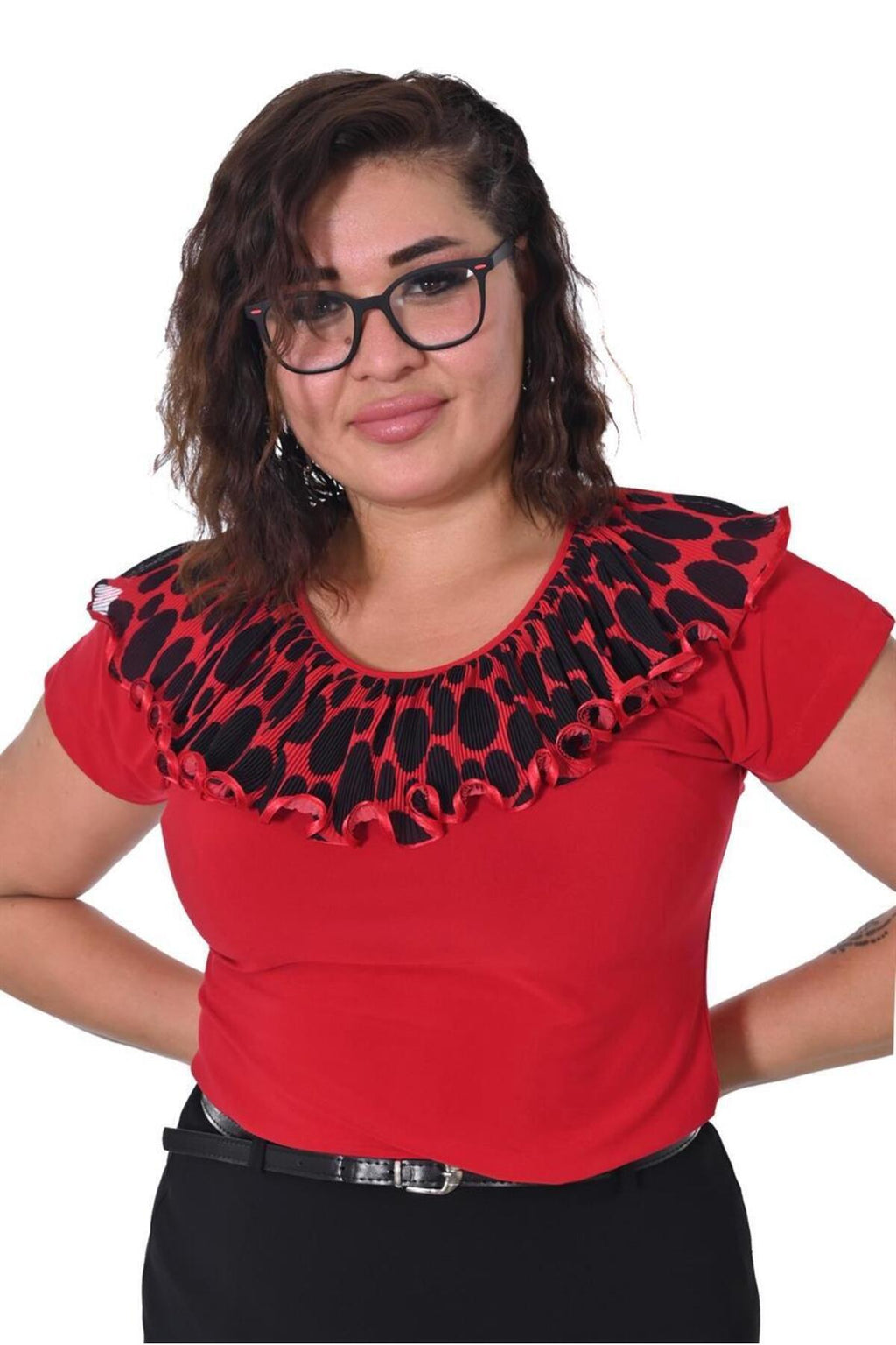 Plus Size Spotted Ruffle-Neck Blouse in Red with black spotted neckline – additional product view