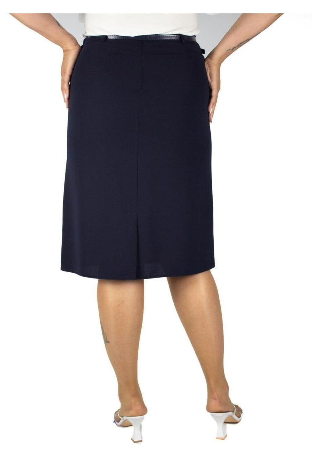 Plus Size Curved Embroidered Pleat-Detail Skirt in Navy – additional product view