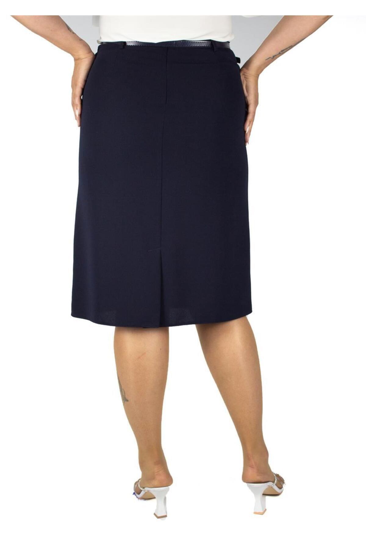 Plus Size Curved Embroidered Pleat-Detail Skirt in Navy – additional product view