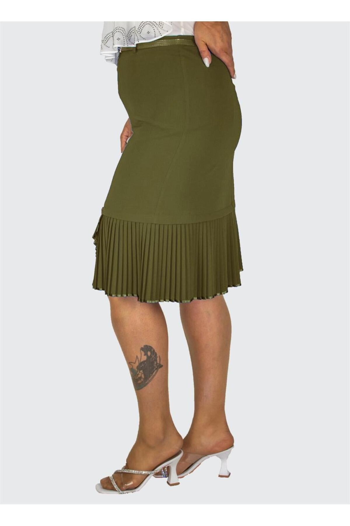Plus Size Embellished Fine-Pleat Hem Skirt in Khaki – additional product view