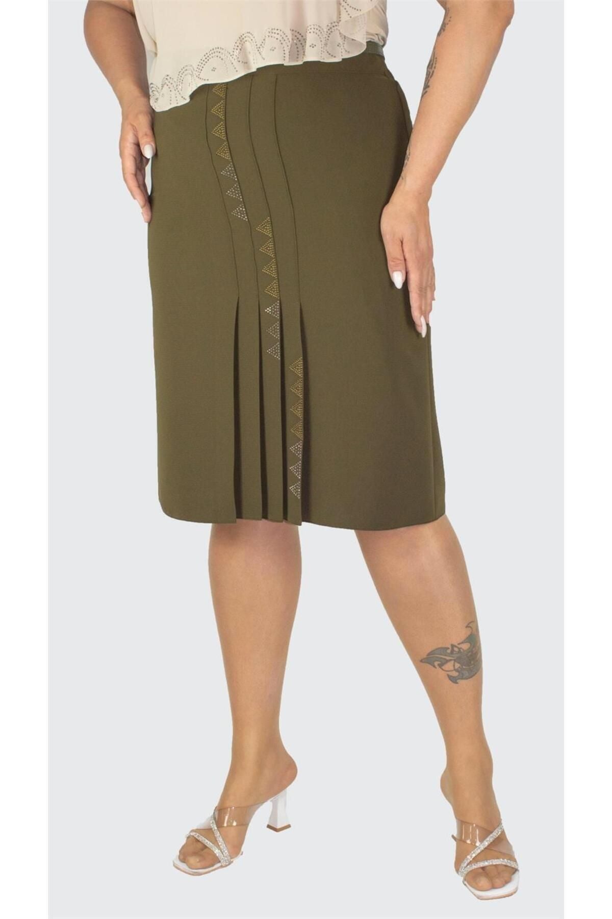 Plus Size Embroidered Four-Pleat Skirt in Khaki – Lady Fancy wholesale size pack