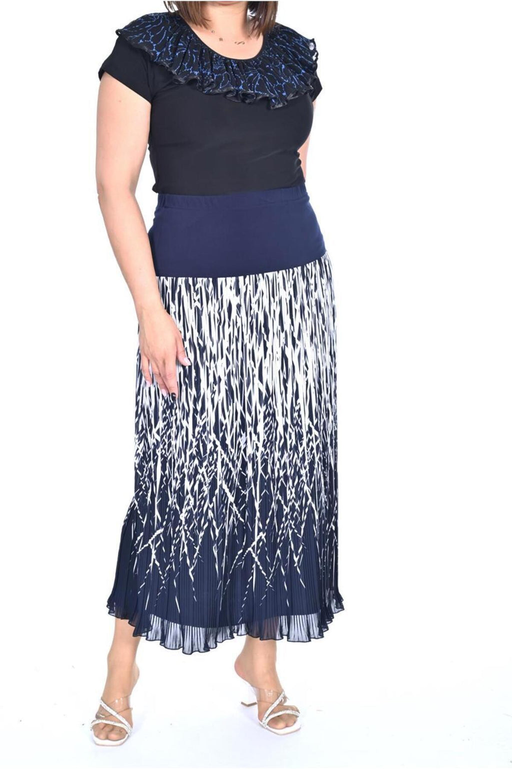 Plus Size Navy Branch-Print Long Chiffon Skirt in Navy with light branch print – additional product view