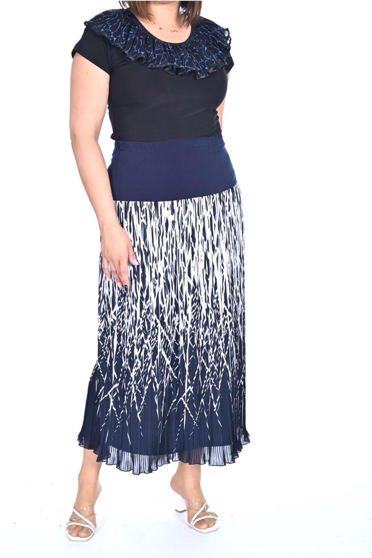 Plus Size Navy Branch-Print Long Chiffon Skirt in Navy with light branch print – additional product view