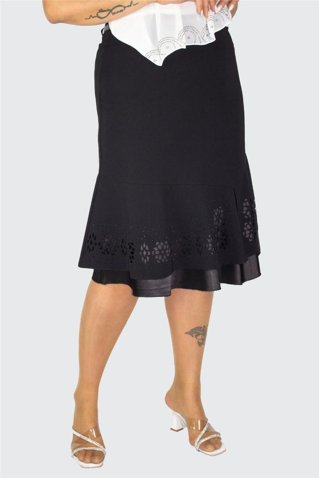 Plus Size Embellished Satin-Flounce Skirt in Black – additional product view