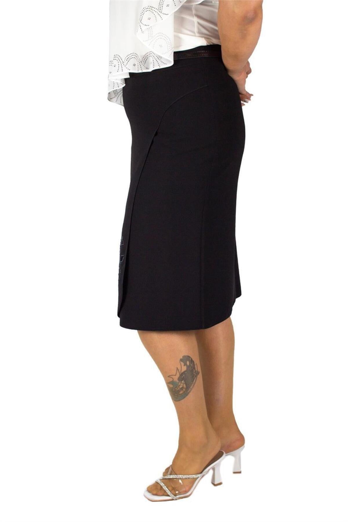 Plus Size Botanical Embroidered Wrap-Effect Skirt in Black – additional product view