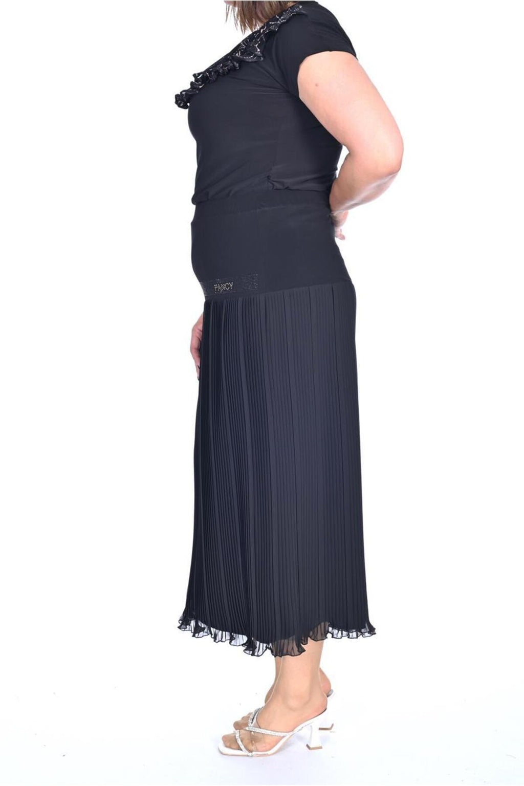 Plus Size Embellished Band Pleated Chiffon Skirt in Black – additional product view