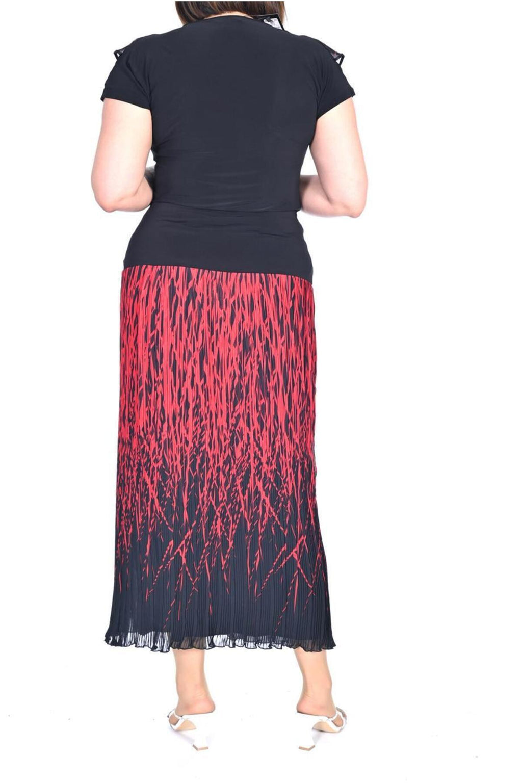 Plus Size Red Branch-Print Long Chiffon Skirt in Red print over a dark base – additional product view