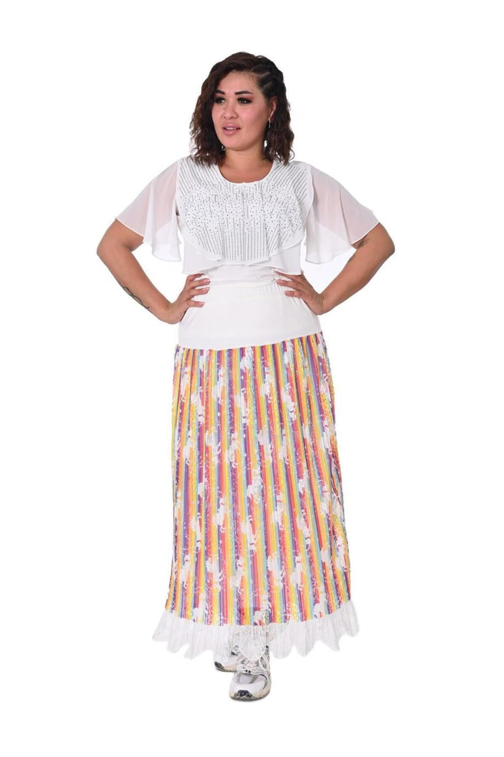 Plus Size Lace-Trim Printed Tulle Skirt in Multicolour with white details – additional product view