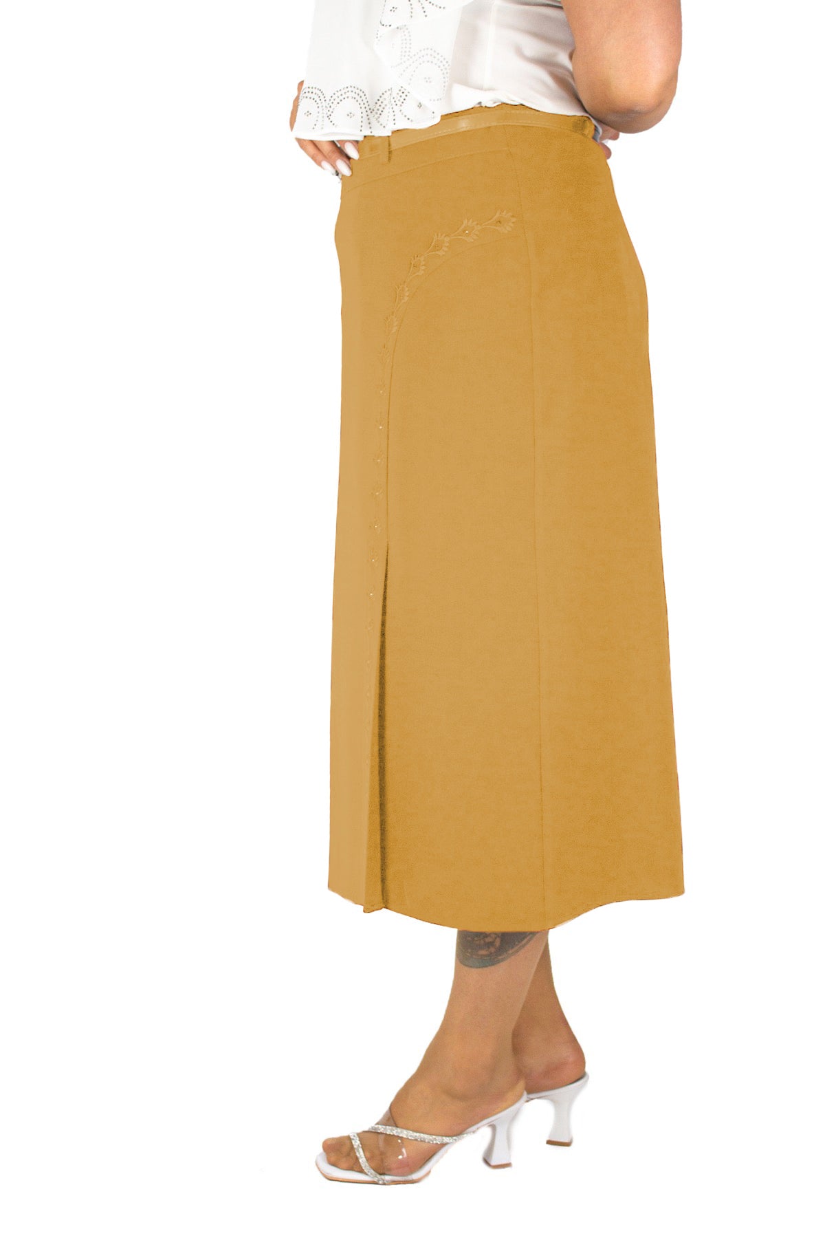 Plus Size Embellished Single-Pleat Midi Skirt in Mustard – additional product view