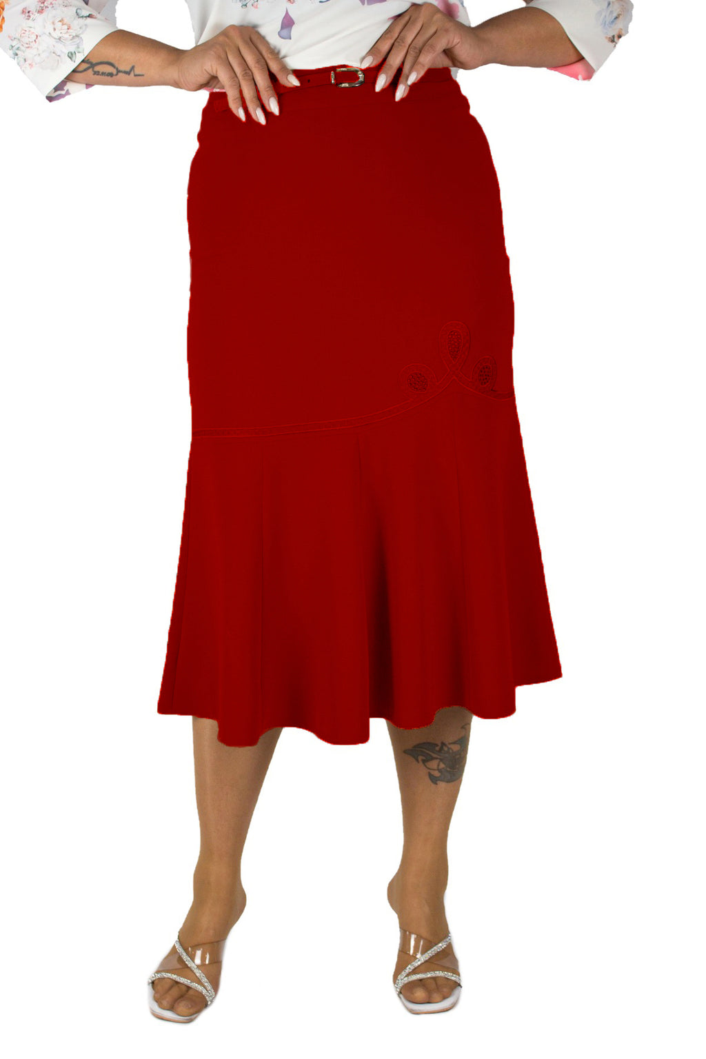 Plus Size Embroidered Fishtail Midi Skirt in Burgundy – additional product view