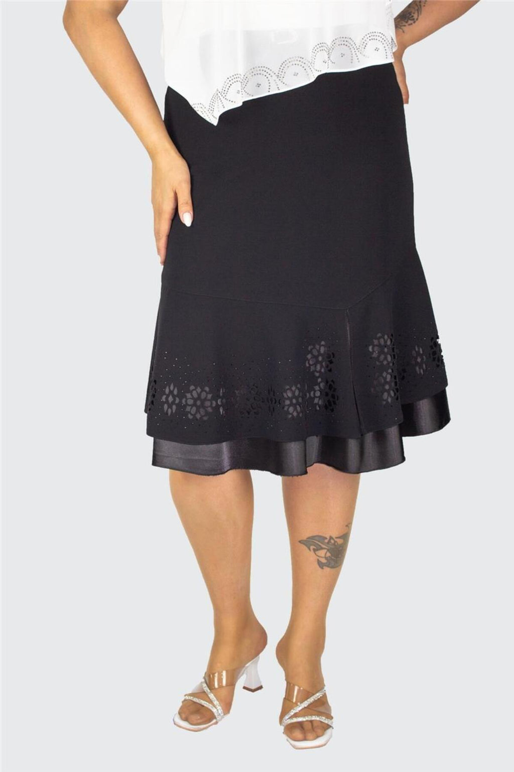 Plus Size Embellished Satin-Flounce Skirt in Black – additional product view