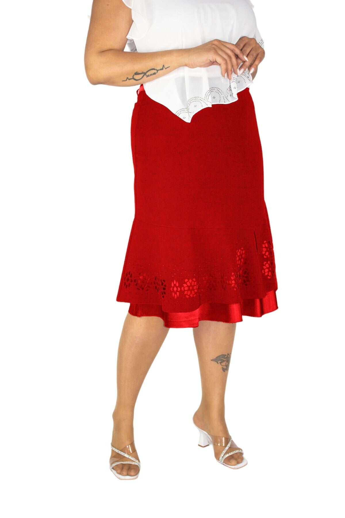 Plus Size Embellished Satin-Flounce Skirt in Red – additional product view