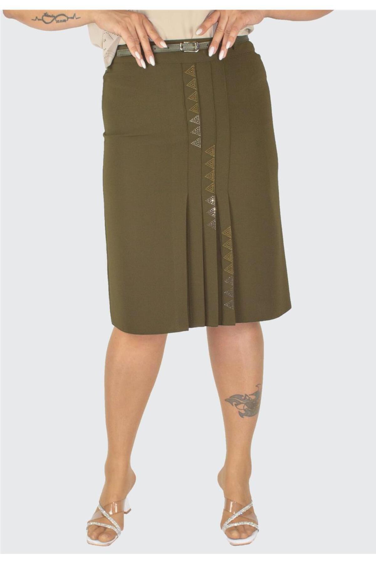 Plus Size Embroidered Four-Pleat Skirt in Khaki – additional product view