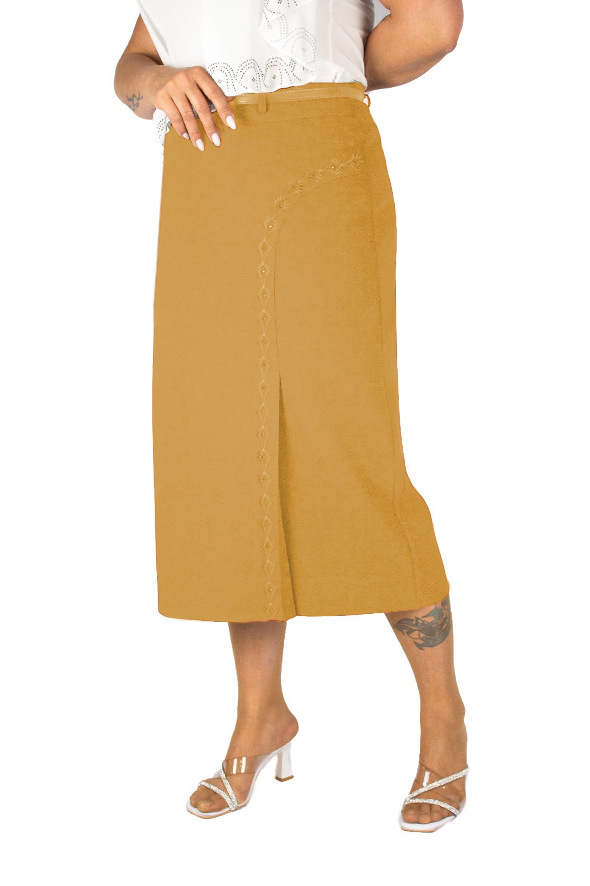 Plus Size Embellished Single-Pleat Midi Skirt in Mustard – additional product view