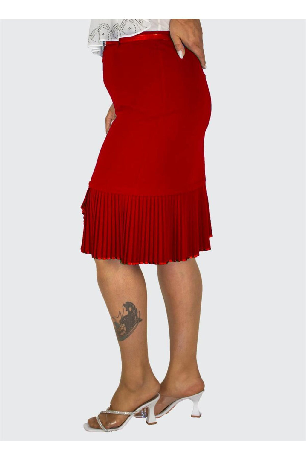 Plus Size Embellished Fine-Pleat Hem Skirt in Red – additional product view