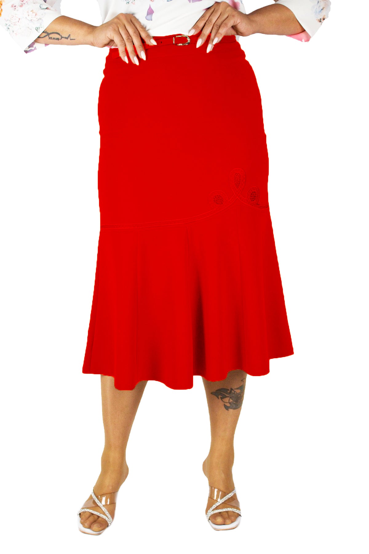 Plus Size Embroidered Fishtail Midi Skirt in Red – additional product view