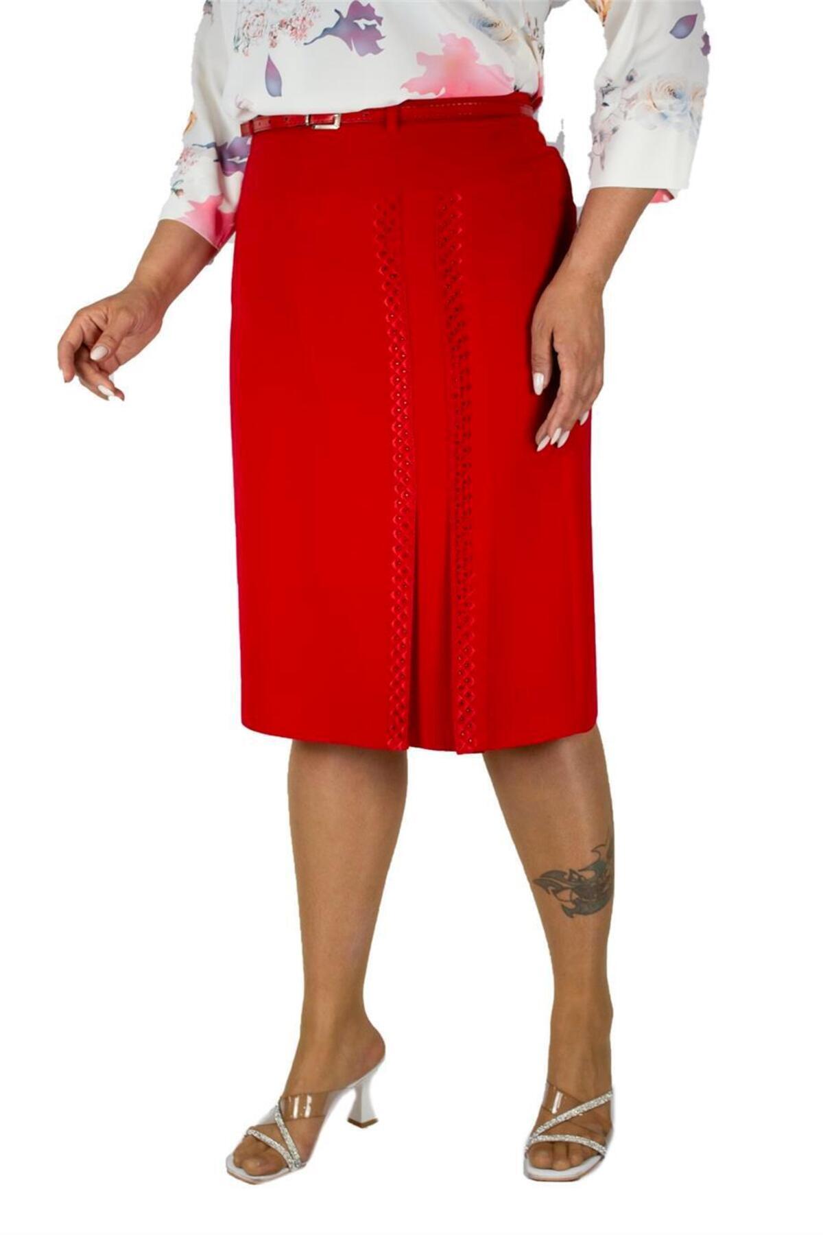 Plus Size Linear Embroidered Skirt in Red – additional product view