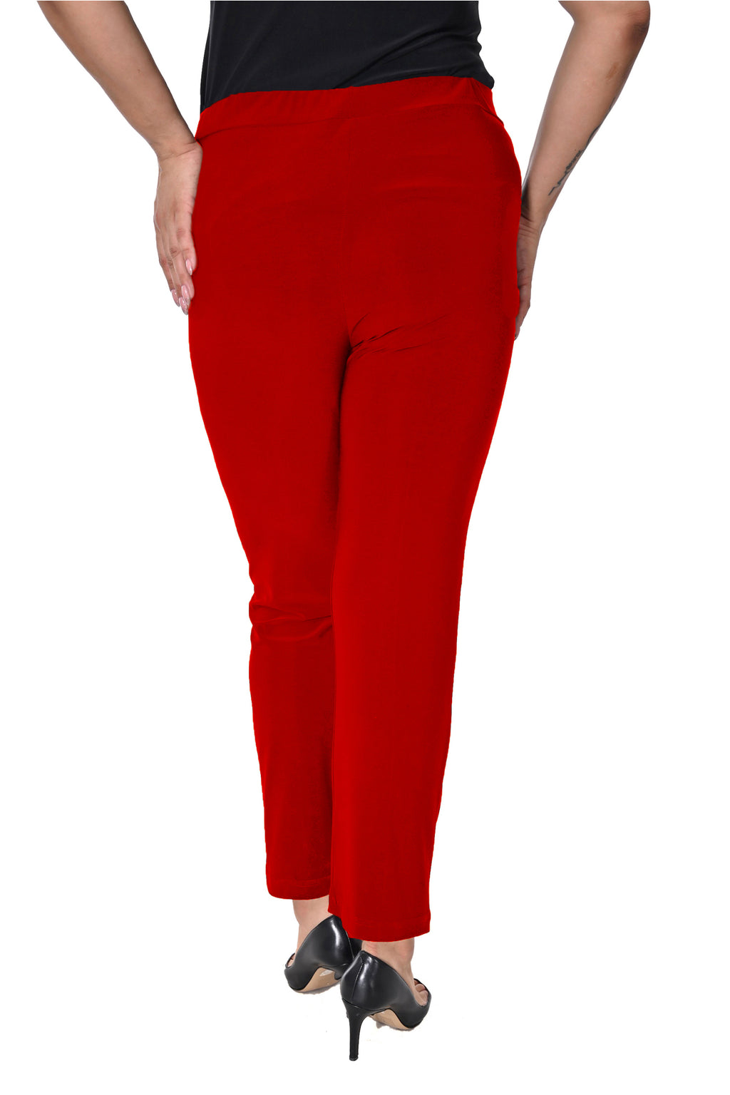 Plus Size Elastic-Waist Straight-Leg Trousers in Red – additional product view