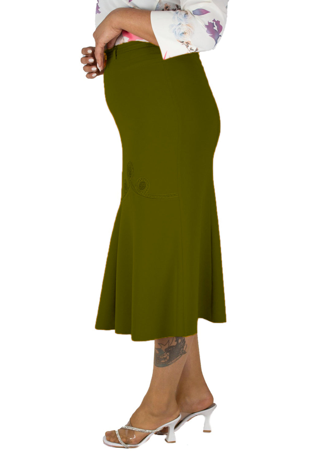 Plus Size Embroidered Fishtail Midi Skirt in Khaki – additional product view