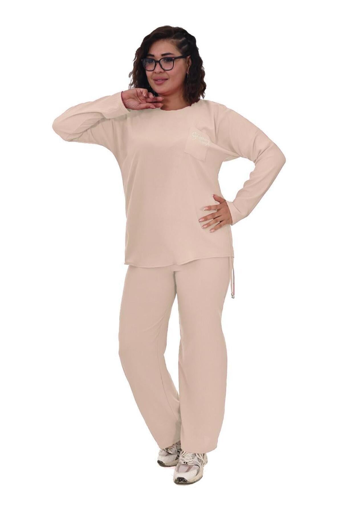 Plus Size Long-Sleeve Embellished Tracksuit in Cream – additional product view