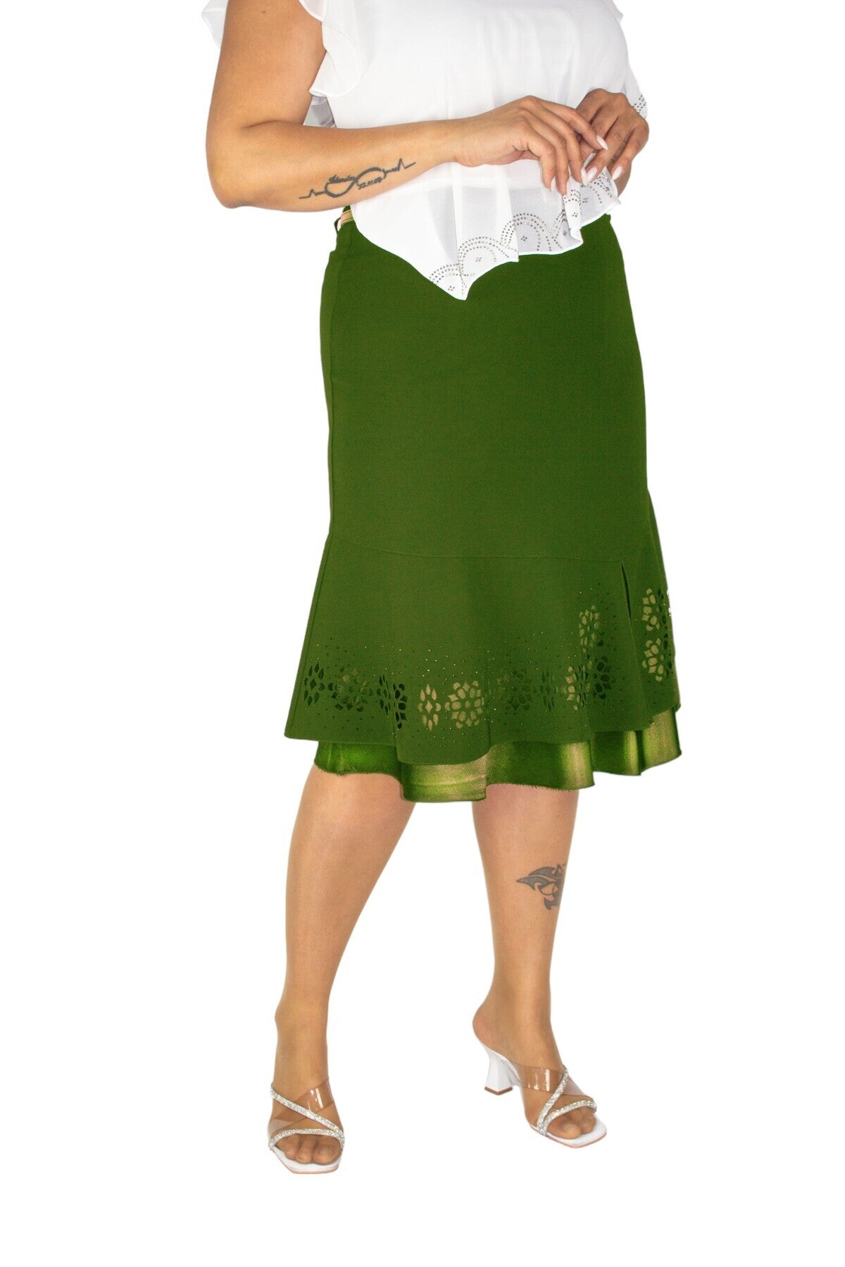 Plus Size Embellished Satin-Flounce Skirt in Khaki – additional product view