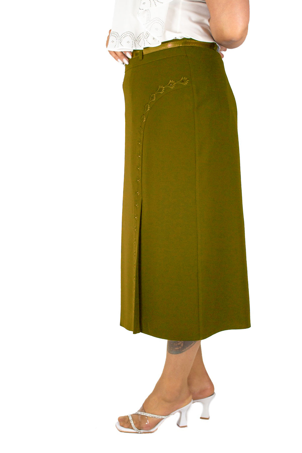 Plus Size Embellished Single-Pleat Midi Skirt in Khaki – additional product view
