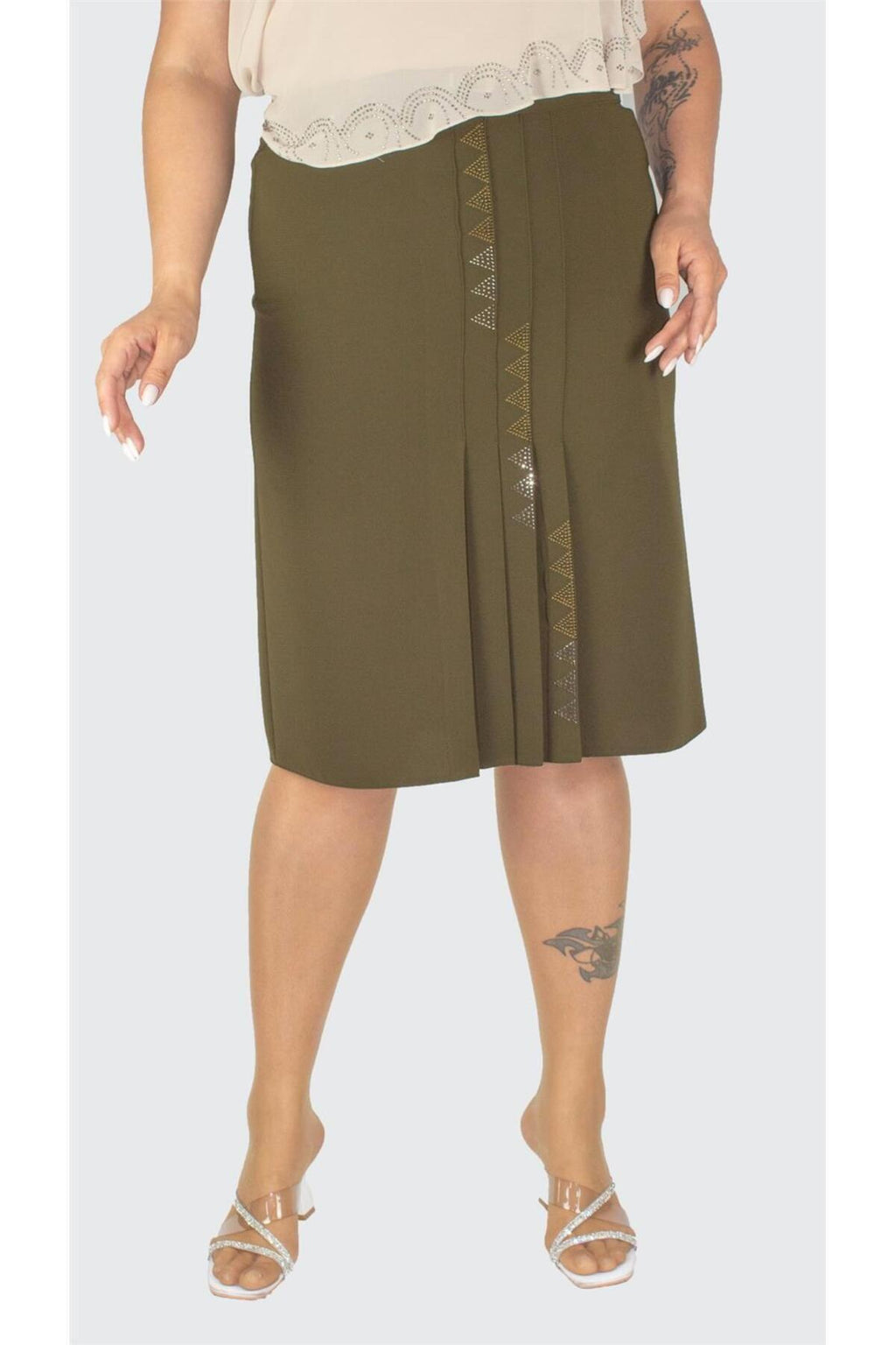 Plus Size Embroidered Four-Pleat Skirt in Khaki – additional product view