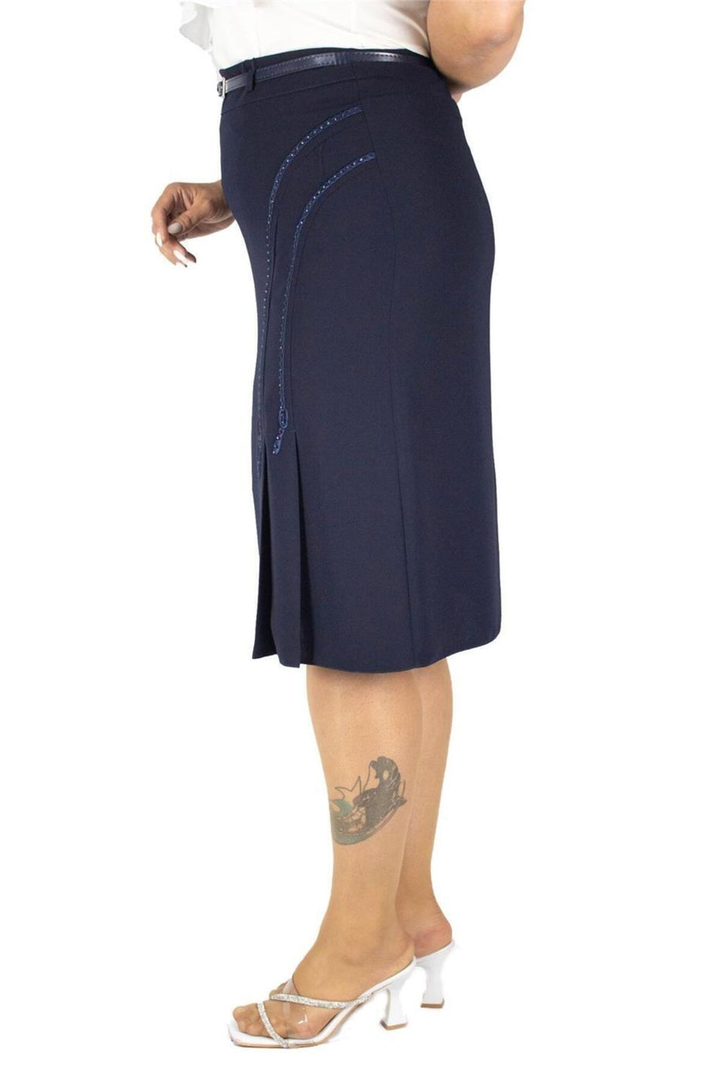 Plus Size Curved Embroidered Pleat-Detail Skirt in Navy – additional product view