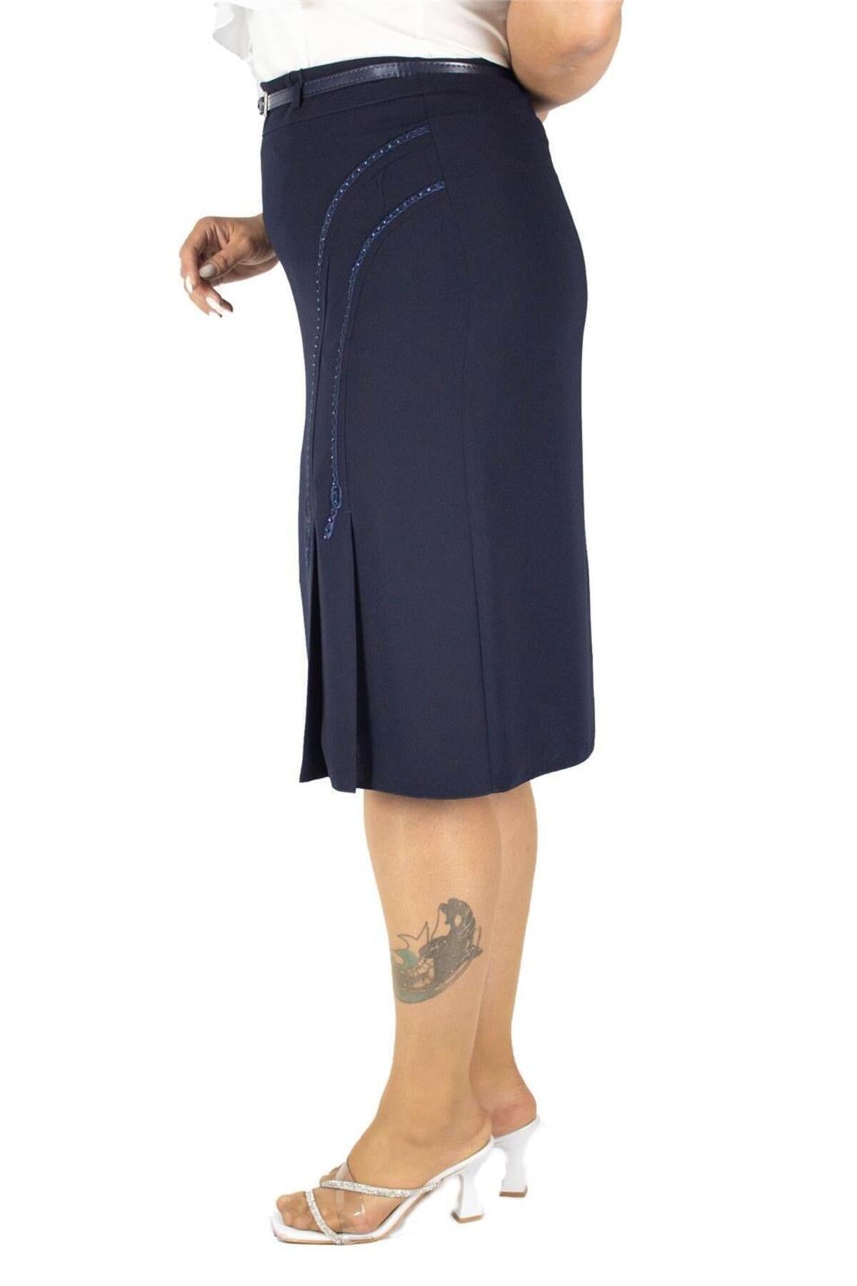 Plus Size Curved Embroidered Pleat-Detail Skirt in Navy – additional product view
