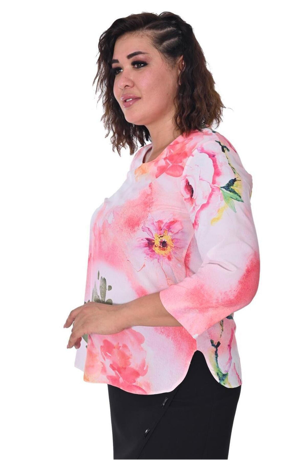 Plus Size Floral Three-Quarter Sleeve Blouse in Pink floral print – additional product view