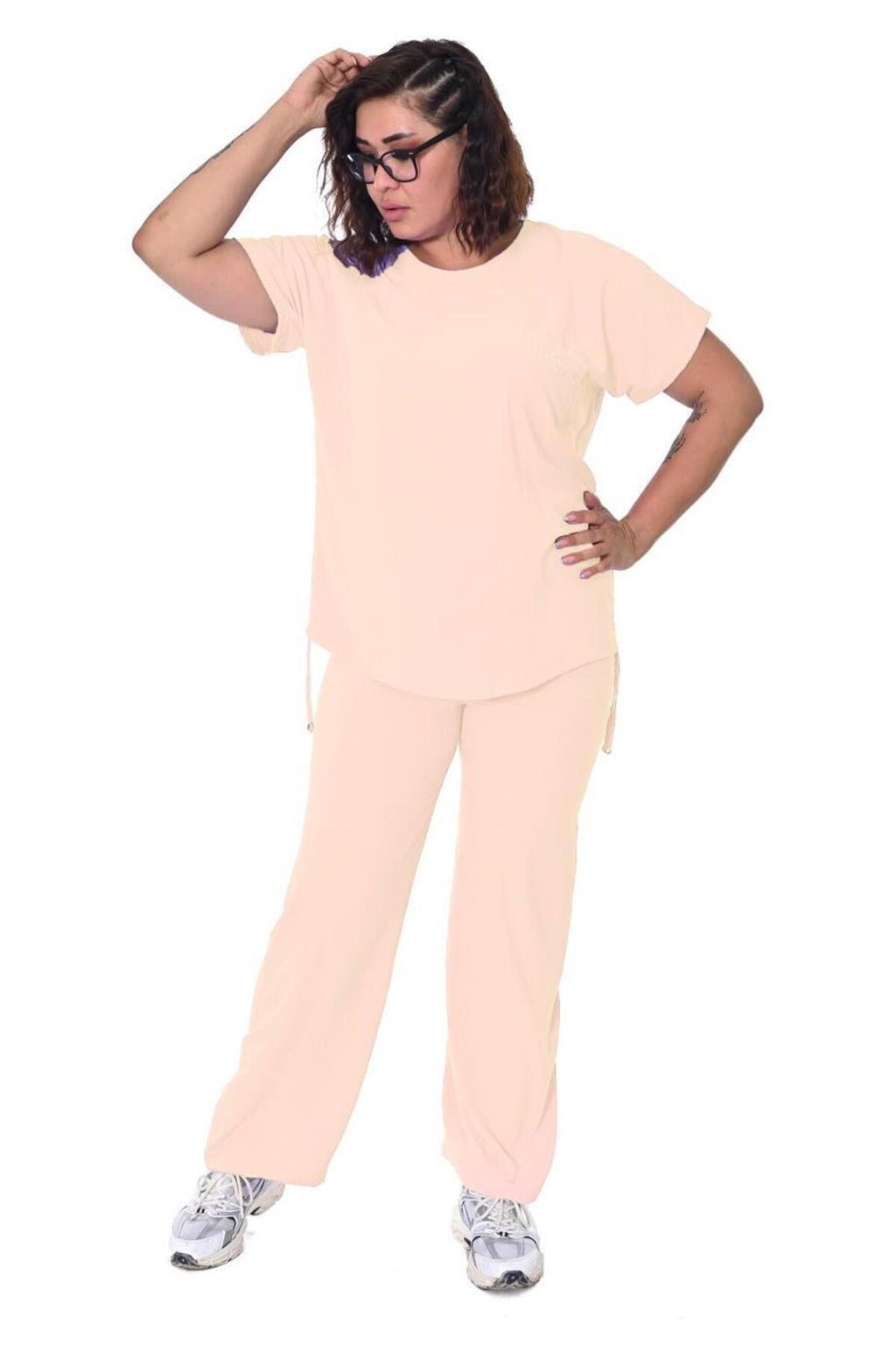 Plus Size Short-Sleeve Embellished Tracksuit in Cream – additional product view