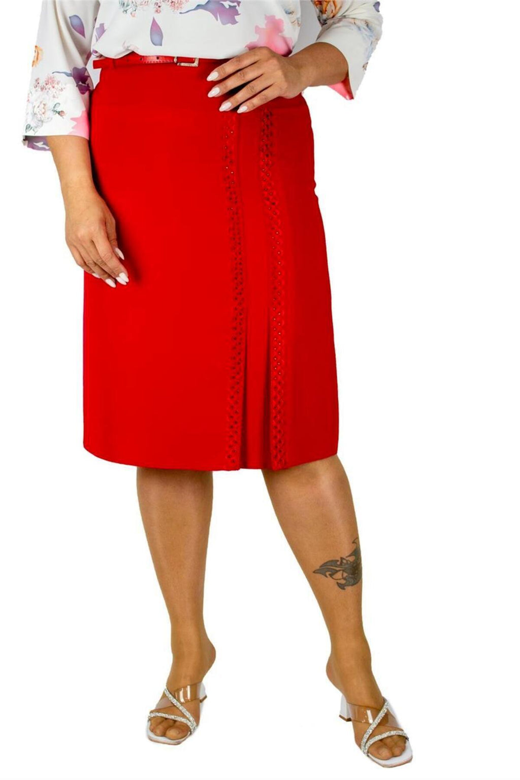 Plus Size Linear Embroidered Skirt in Red – additional product view
