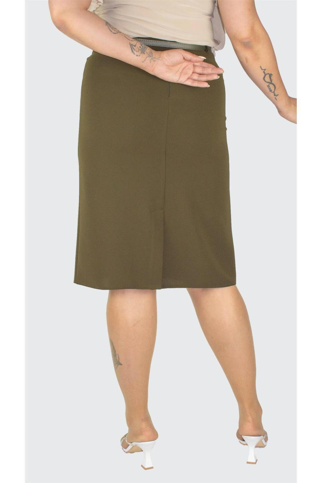 Plus Size Embroidered Four-Pleat Skirt in Khaki – additional product view