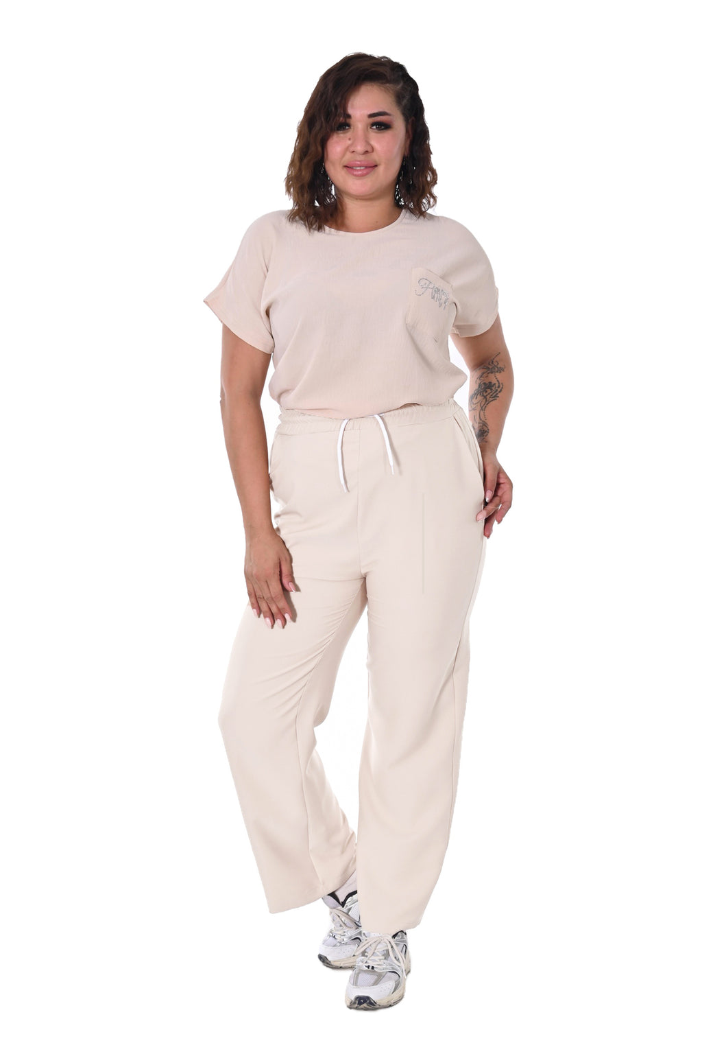 Plus Size Drawstring Wide-Leg Sweatpants in Cream – additional product view