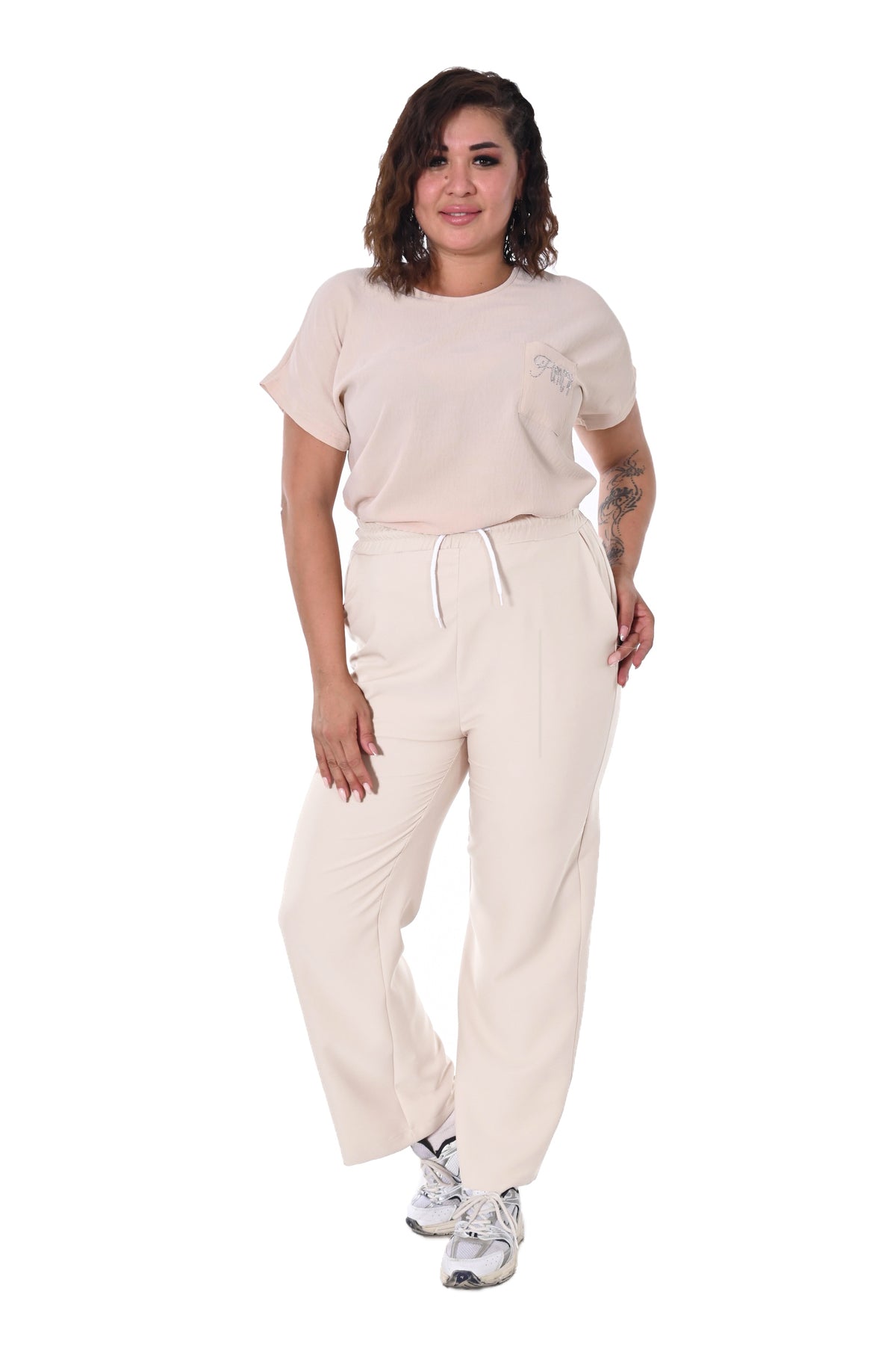 Plus Size Drawstring Wide-Leg Sweatpants in Cream – additional product view