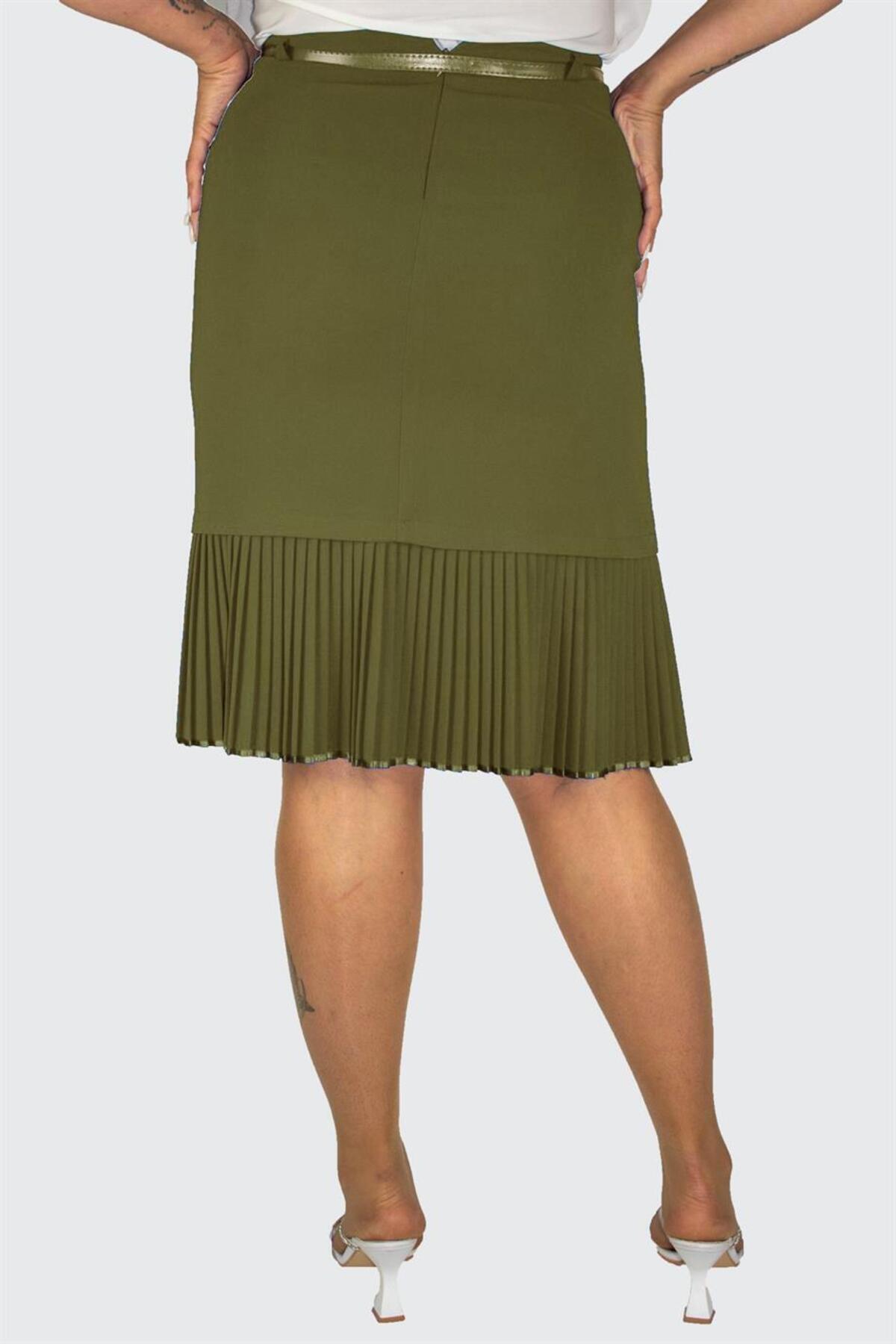 Plus Size Embellished Fine-Pleat Hem Skirt in Khaki – additional product view