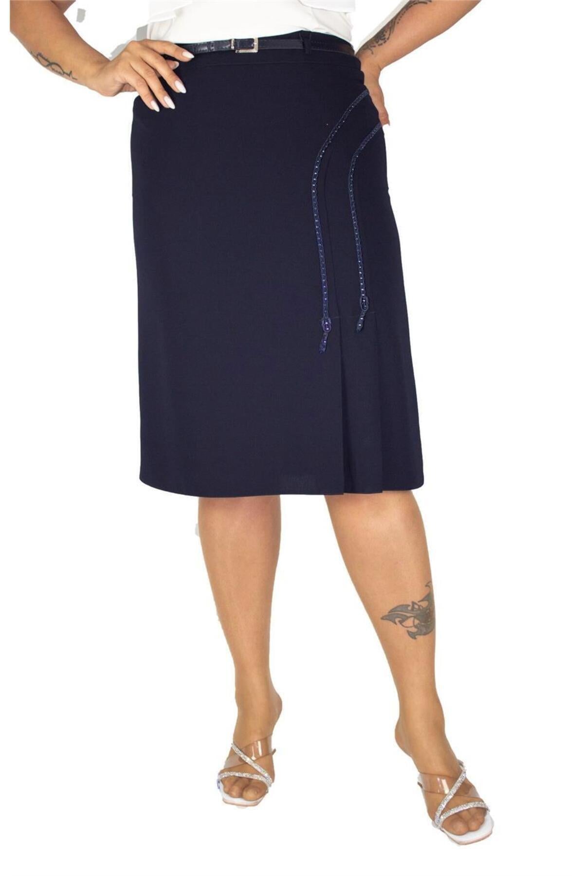 Plus Size Curved Embroidered Pleat-Detail Skirt in Navy – Lady Fancy wholesale size pack