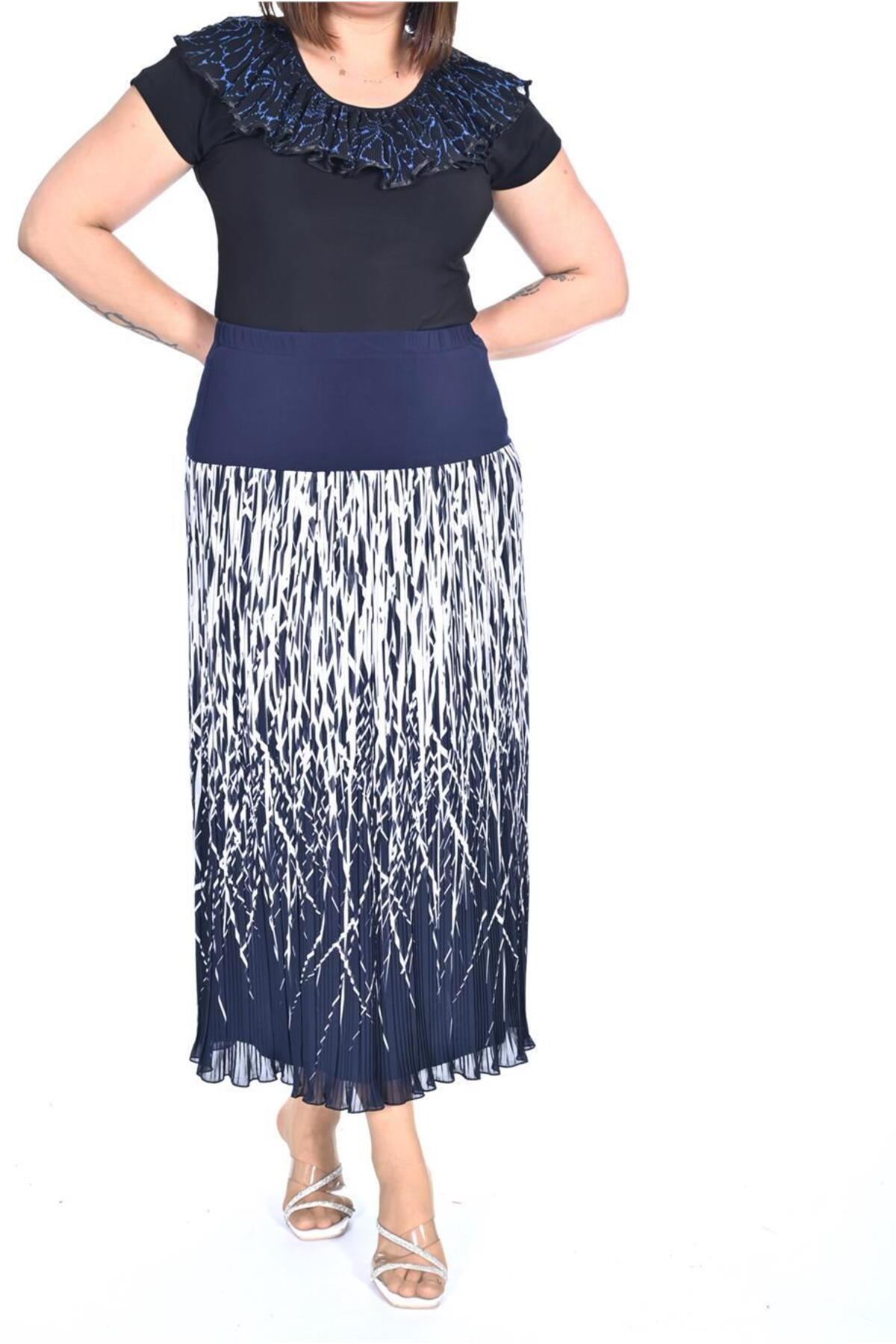 Plus Size Navy Branch-Print Long Chiffon Skirt in Navy with light branch print – Lady Fancy wholesale size pack