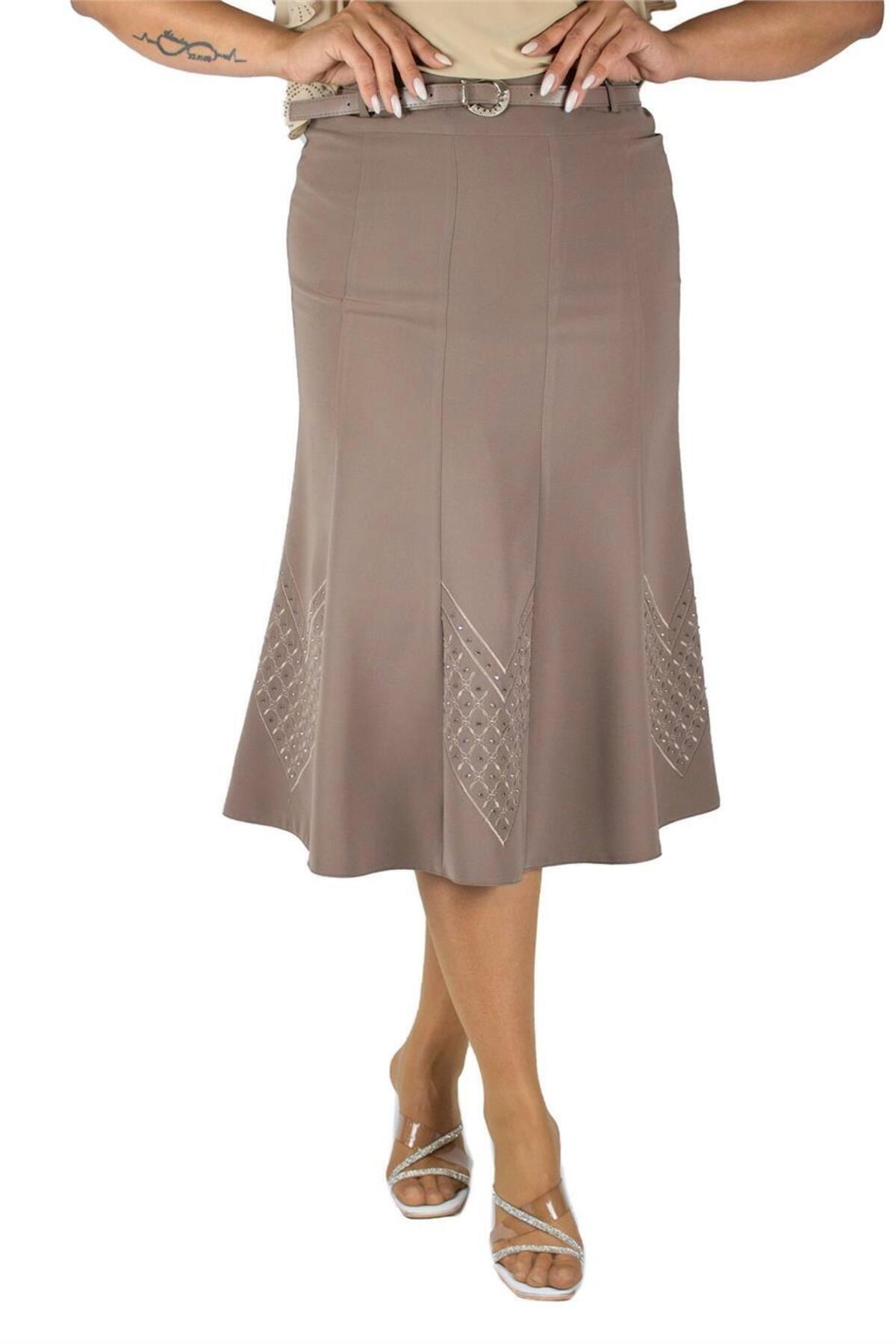 Plus Size Geometric Embroidered Flared Skirt in Taupe / mink – Lady Fancy wholesale size pack