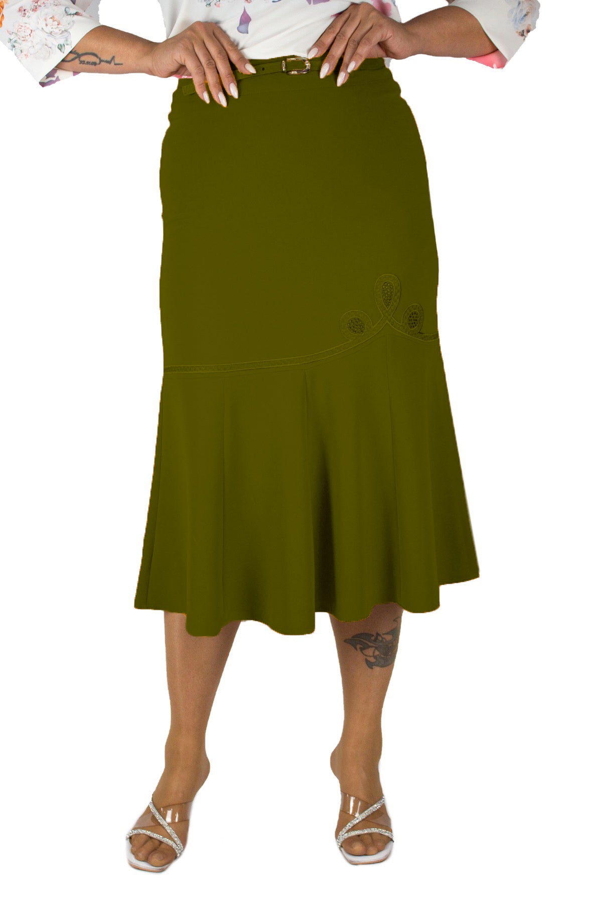 Plus Size Embroidered Fishtail Midi Skirt in Khaki – additional product view