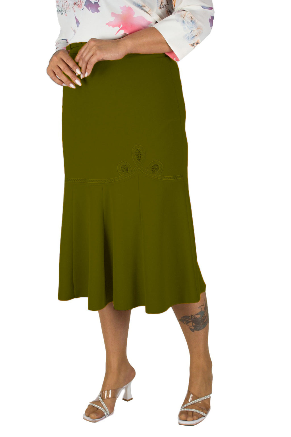 Plus Size Embroidered Fishtail Midi Skirt in Khaki – additional product view