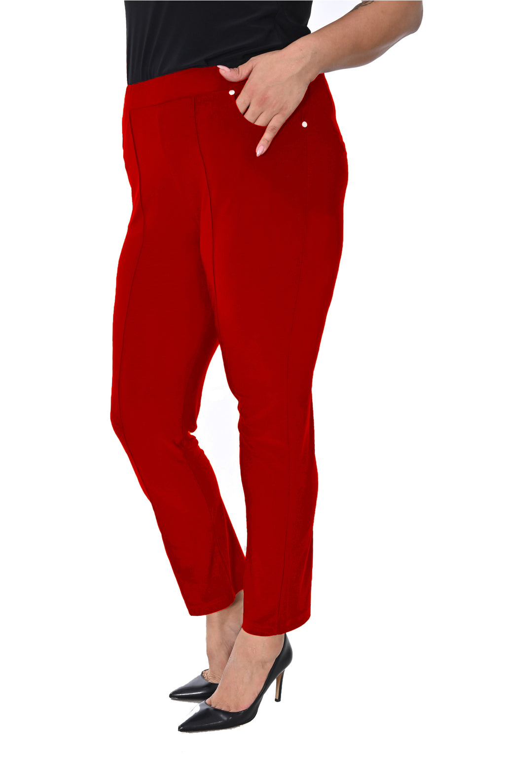 Plus Size Elastic-Waist Straight-Leg Trousers in Red – additional product view