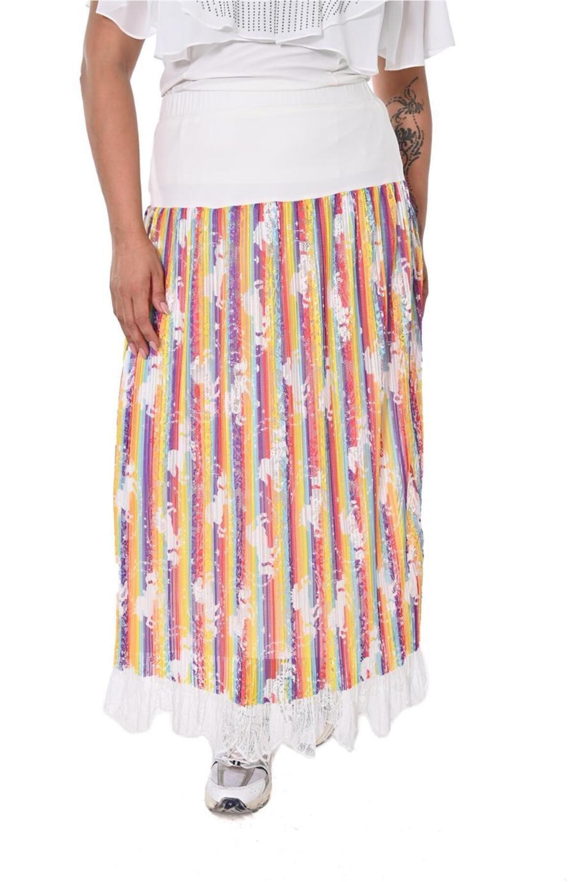 Plus Size Lace-Trim Printed Tulle Skirt in Multicolour with white details – additional product view