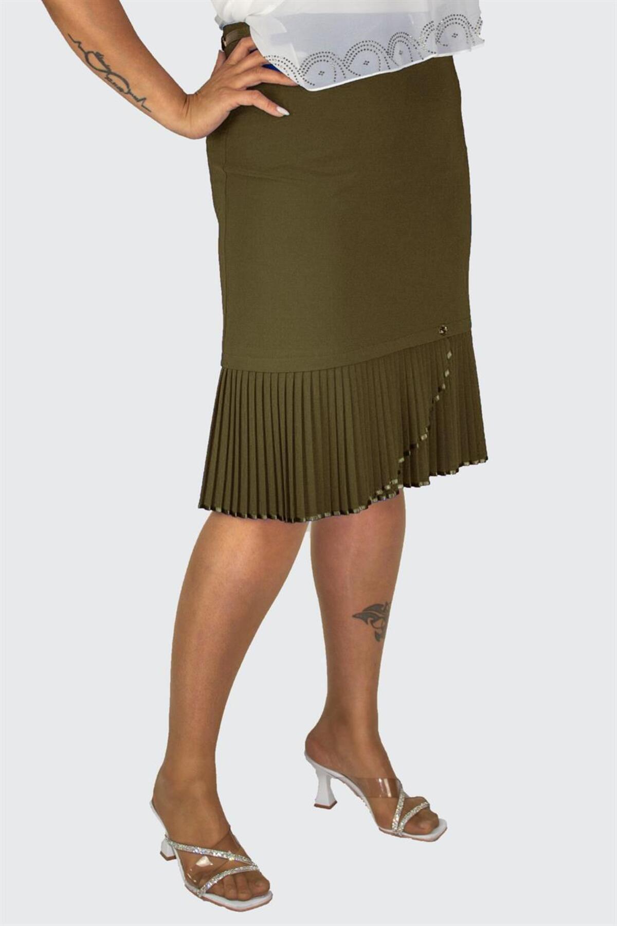 Plus Size Embellished Fine-Pleat Hem Skirt in Khaki – additional product view