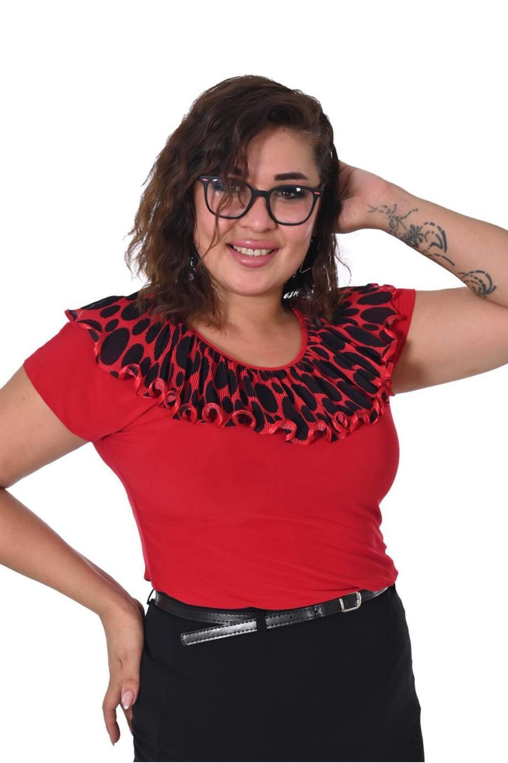 Plus Size Spotted Ruffle-Neck Blouse in Red with black spotted neckline – additional product view