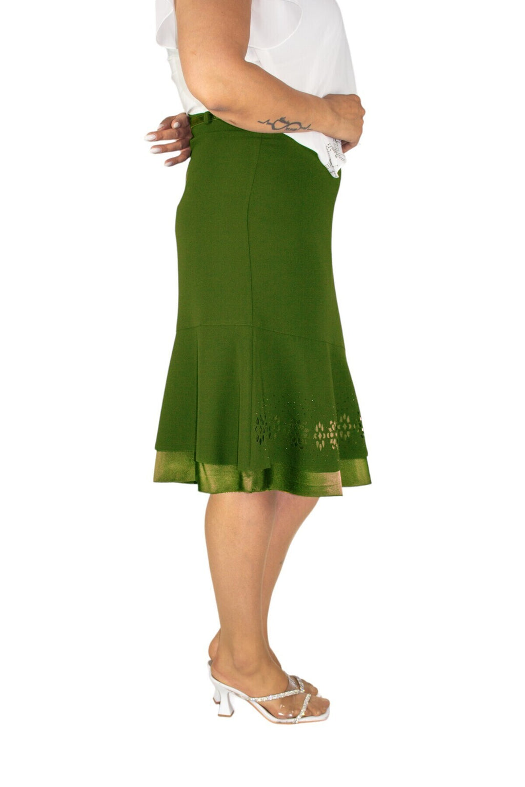 Plus Size Embellished Satin-Flounce Skirt in Khaki – additional product view