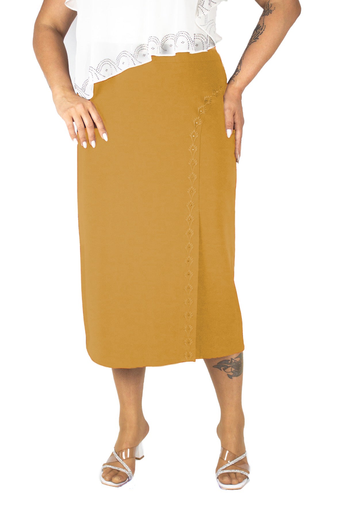 Plus Size Embellished Single-Pleat Midi Skirt in Mustard – additional product view