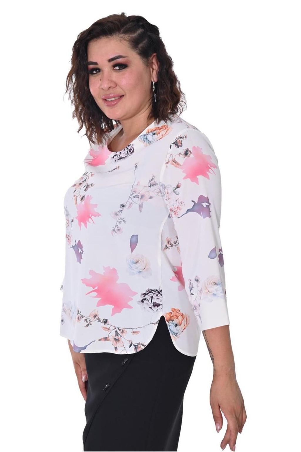 Plus Size Floral Three-Quarter Sleeve Blouse in White with multicolour floral print – additional product view