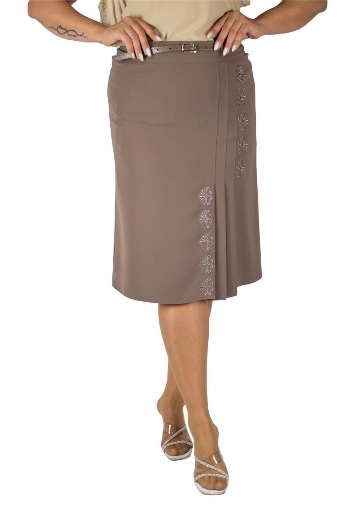 Plus Size Embroidered Triple-Pleat Skirt in Taupe / mink – Lady Fancy wholesale size pack