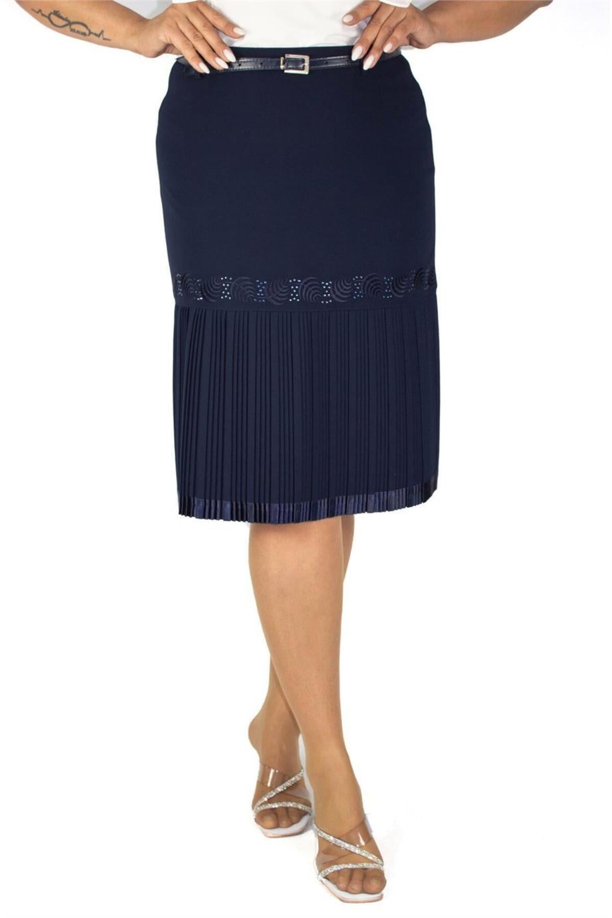 Plus Size Leaf-Embroidered Pleated-Hem Skirt in Navy – Lady Fancy wholesale size pack